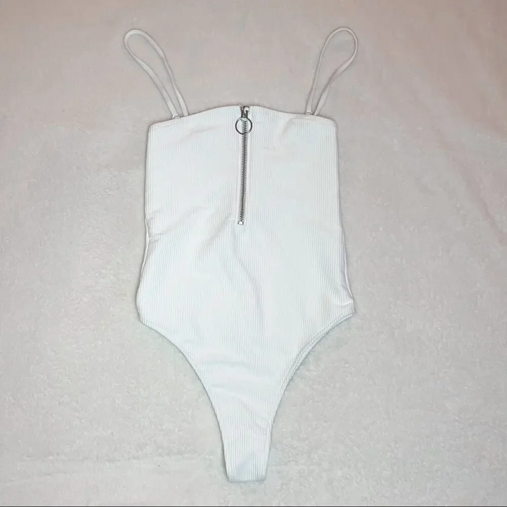 Frankie's Bikinis Flash White Zip Up‎ Ribbed One Piece Swim Suit
